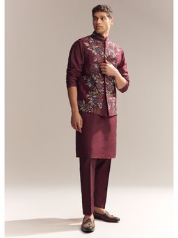KALKI FASHION - Red Silk Kurta Jacket Set for Men with Resham Embroidery