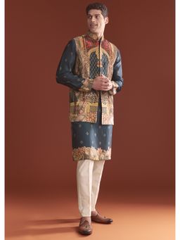 KALKI FASHION - Navy Blue Silk Kurta Jacket Set for Men with Ethnic Print