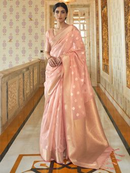 Akhilam - Women Silk Blend Peach Woven Design Handloom Saree with Blouse Piece
