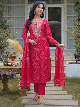Vaamsi - Women Red Silk Blend Embroidered Kurta with Trouser and Dupatta