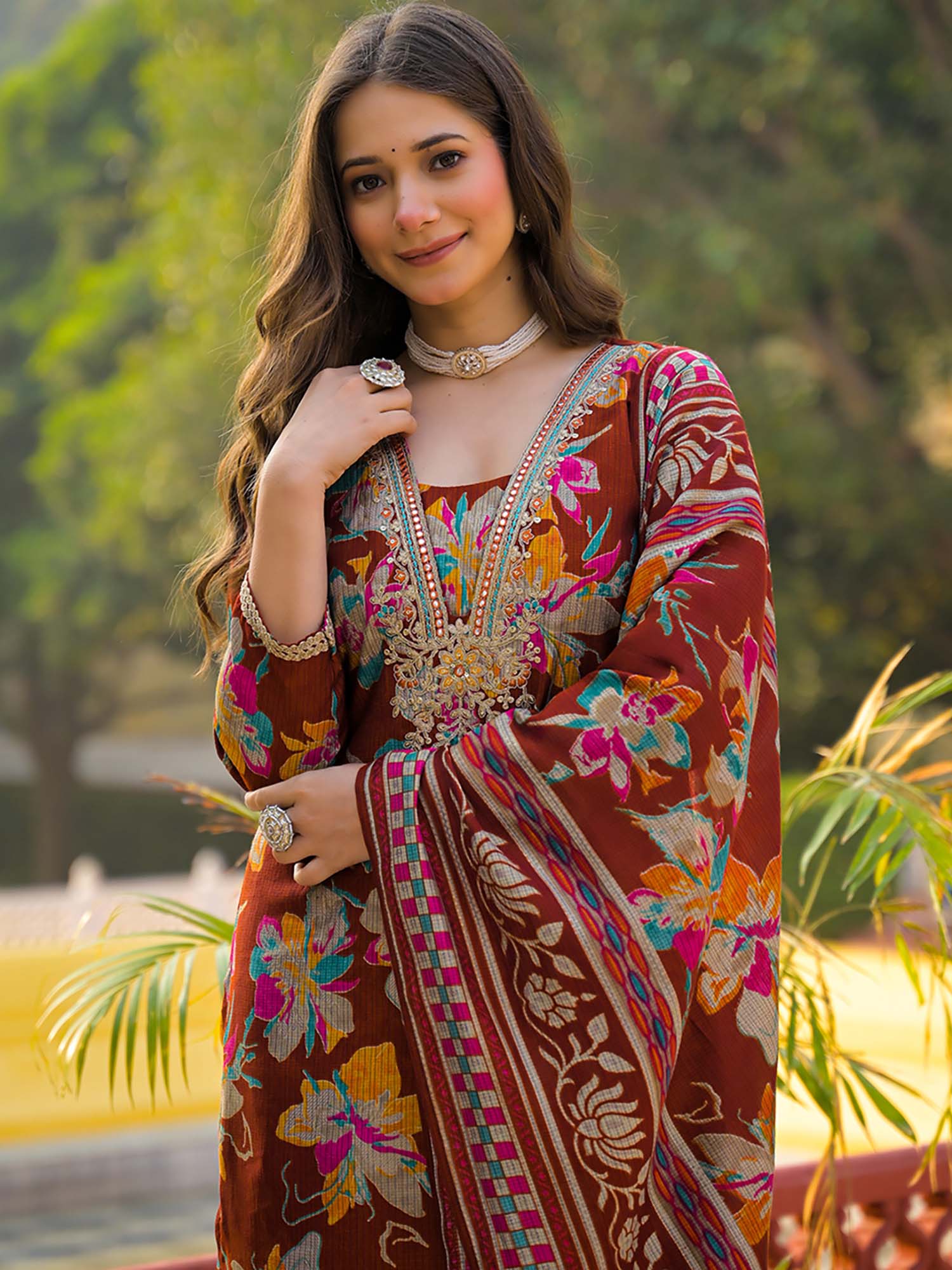 Women Brown Viscose Floral Straight Kurta With Pant & Dupatta-image-49