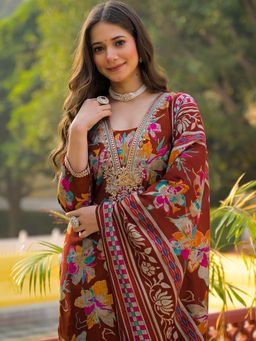 Vaamsi - Women Brown Viscose Floral Straight Kurta With Pant & Dupatta