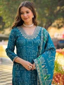 Vaamsi - Women Blue Viscose Ethnic Motifs Straight Kurta With Pant & Dupatta