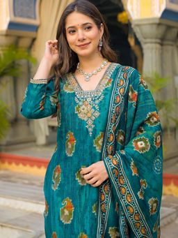 Vaamsi - Women Teal Viscose Embroidered Straight Kurta With Pant & Dupatta