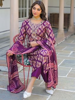 Vaamsi - Women Purple Viscose Ikat Embroidered Straight Kurta With Pant & Dupatta