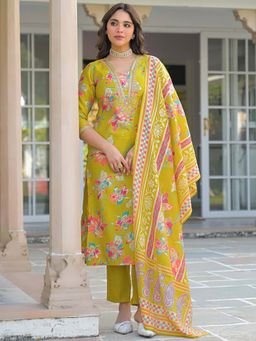 Vaamsi - Women Yellow Viscose Floral Straight Kurta With Pant & Dupatta