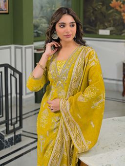 Vaamsi - Women Yellow Viscose Ikat Straight Kurta With Pant & Dupatta