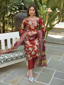 Vaamsi - Women Brown Viscose Rayon Embroidered Straight Kurta With Pant & Dupatta