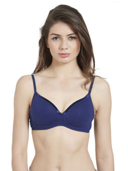 SOIE - Semi/Medium Coverage Padded Non-Wired Satin Panelled Cotton Spandex T-shirt Bra-Navy