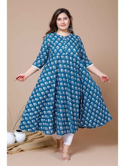 Doriyaan - Women's Plus Size Blue White Ethnic Motifs Printed Cotton Anarkali Kurta