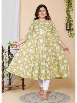 Doriyaan - Women's Plus Size Floral Print Cotton Yellow Anarkali Kurta and Side Dori Tassel