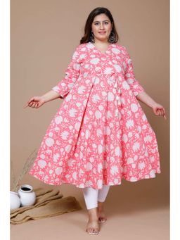 Doriyaan - Women's Pink Plus Size Cotton Floral Printed Anarkali Kurta