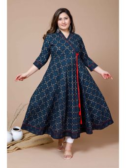 Doriyaan - Women's Navy Blue Plus Size V Neck Abstract Tassel Angarkha Kurta