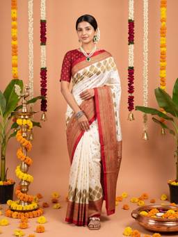 Sareemall - Women'S Silk Blend Off White Woven Saree