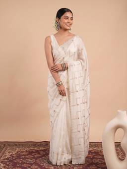Akhilam - Women'S Satin Off White Embellished Saree