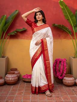 Sareemall - Women'S Silk Blend Off White Woven Saree