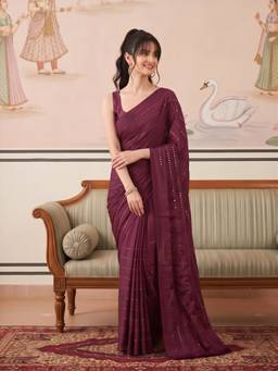 Sareemall - Women'S Georgette Wine Embellished Saree