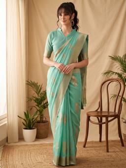 Akhilam - Teal Silk Blend Woven Saree