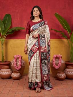 Sareemall - Women'S Bhagalpuri Silk Beige Printed Saree