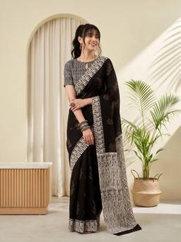 Sareemall - Women'S Bhagalpuri Silk Black Printed Saree