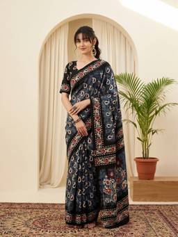 Sareemall - Women'S Bhagalpuri Silk Charcoal Grey Printed Saree