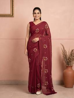 Sareemall - Women'S Kota Doria Cotton Maroon Embroidered Saree