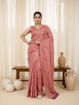 Sareemall - Women'S Kota Doria Cotton Peach Embroidered Saree