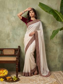 Sareemall - Women'S Chiffon White Embellished Saree