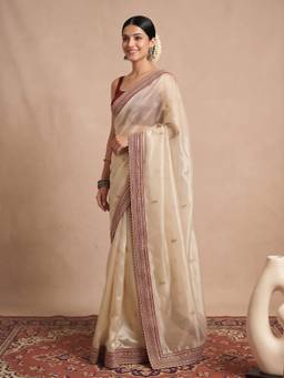 Akhilam - Women'S Organza Beige Embellished Saree