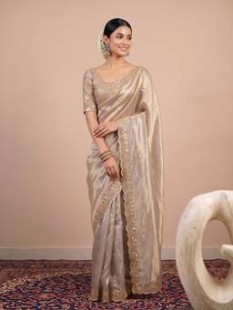 Akhilam - Women'S Tissue Beige Embellished Saree