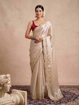 Akhilam - Women'S Satin Cream Embellished Saree