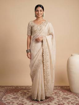 Akhilam - Women'S Satin Off White Embellished Saree