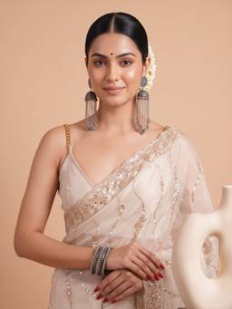 Akhilam - Women'S Satin Off White Embellished Saree