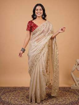 Akhilam - Women'S Organza Off White Embellished Saree