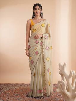 Akhilam - Women'S Georgette Cream Embellished Saree