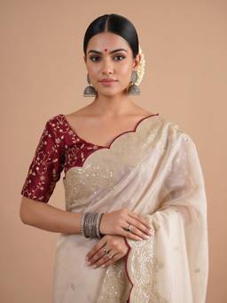 Akhilam - Women'S Satin Cream Embellished Saree