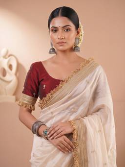 Akhilam - Women'S Satin Off White Embellished Saree