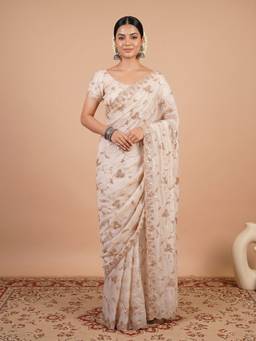 Akhilam - Women'S Satin Off White Embellished Saree