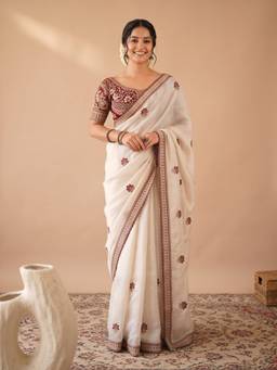 Akhilam - Women'S Satin Off White Zari Embroidered Saree