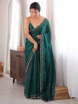 Sareemall - Women'S Satin Silk Teal Green Embellished Saree