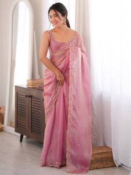 Sareemall - Women'S Satin Silk Pink Embellished Saree
