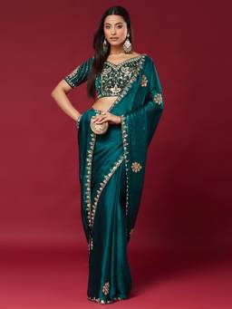 Sareemall - Women'S Satin Silk Teal Green Embellished Saree
