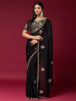 Sareemall - Women'S Satin Silk Black Embellished Saree