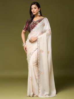 Sareemall - Women'S Satin Silk Off White Embellished Saree