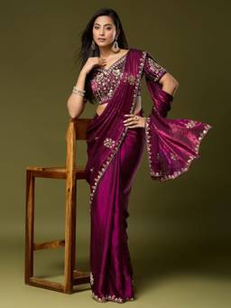 Sareemall - Women'S Satin Silk Wine Embellished Saree