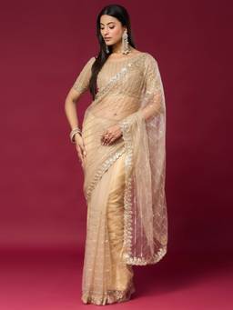 Akhilam - Women'S Net Beige Zari Embroidered Saree