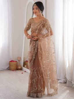 Akhilam - Women'S Net Beige Zari Embroidered Saree