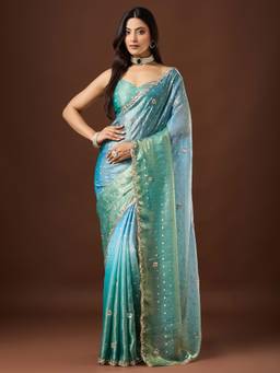Sareemall - Women'S Satin Light Blue Embellished Saree