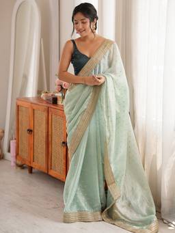 Akhilam - Women'S Silk Blend Light Blue Embellished Saree