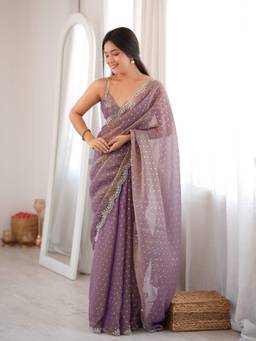 Akhilam - Women'S Silk Blend Lavender Embellished Saree
